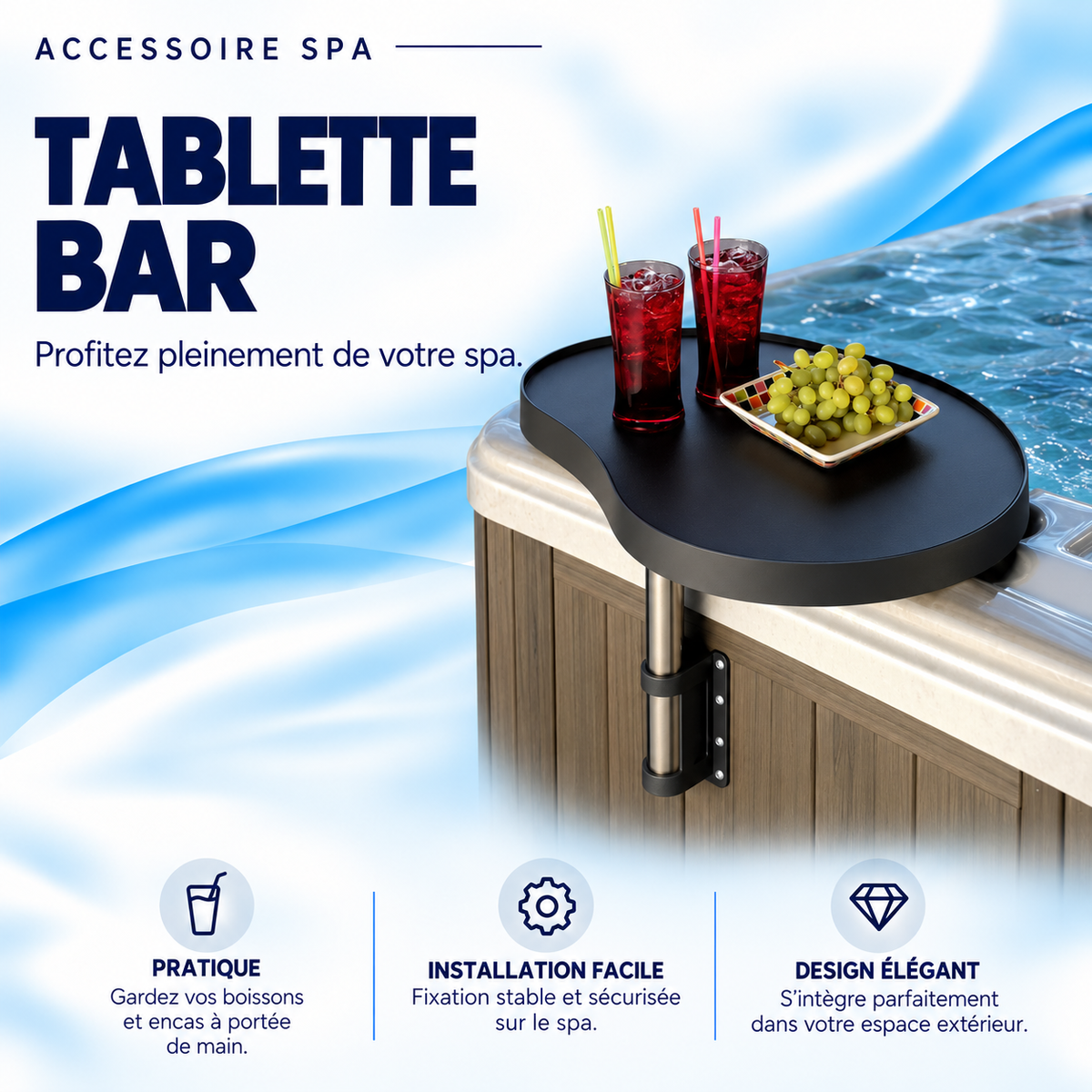 Tablette bar orientable pour spa, plateau noir sur pilier inox