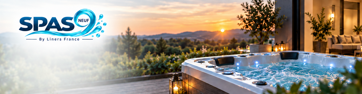 Spa SPAS9 by Liners France installé sur une terrasse, au coucher du soleil