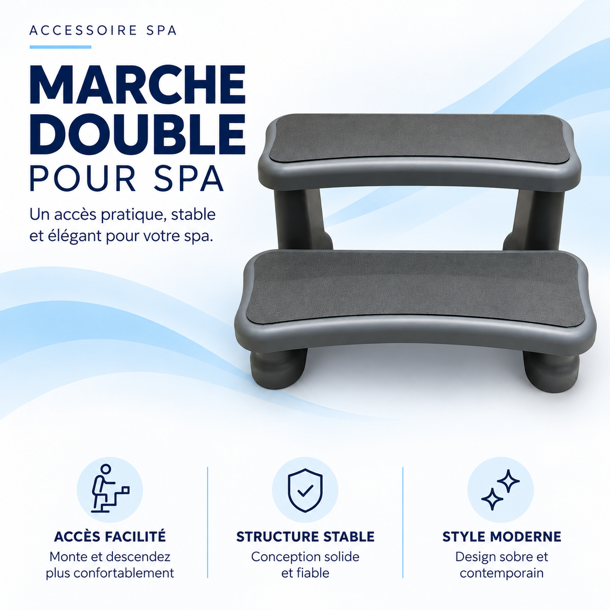Escalier de spa deux marches larges en plastique anthracite, seconde vue