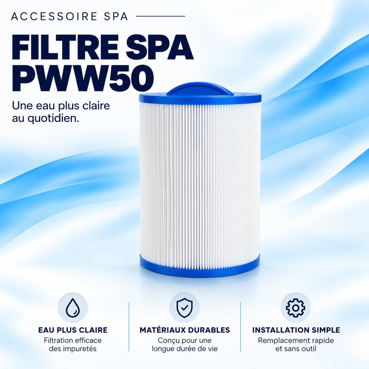 Cartouche de filtration de spa PWW50, média plissé blanc et embouts bleus avec poignée