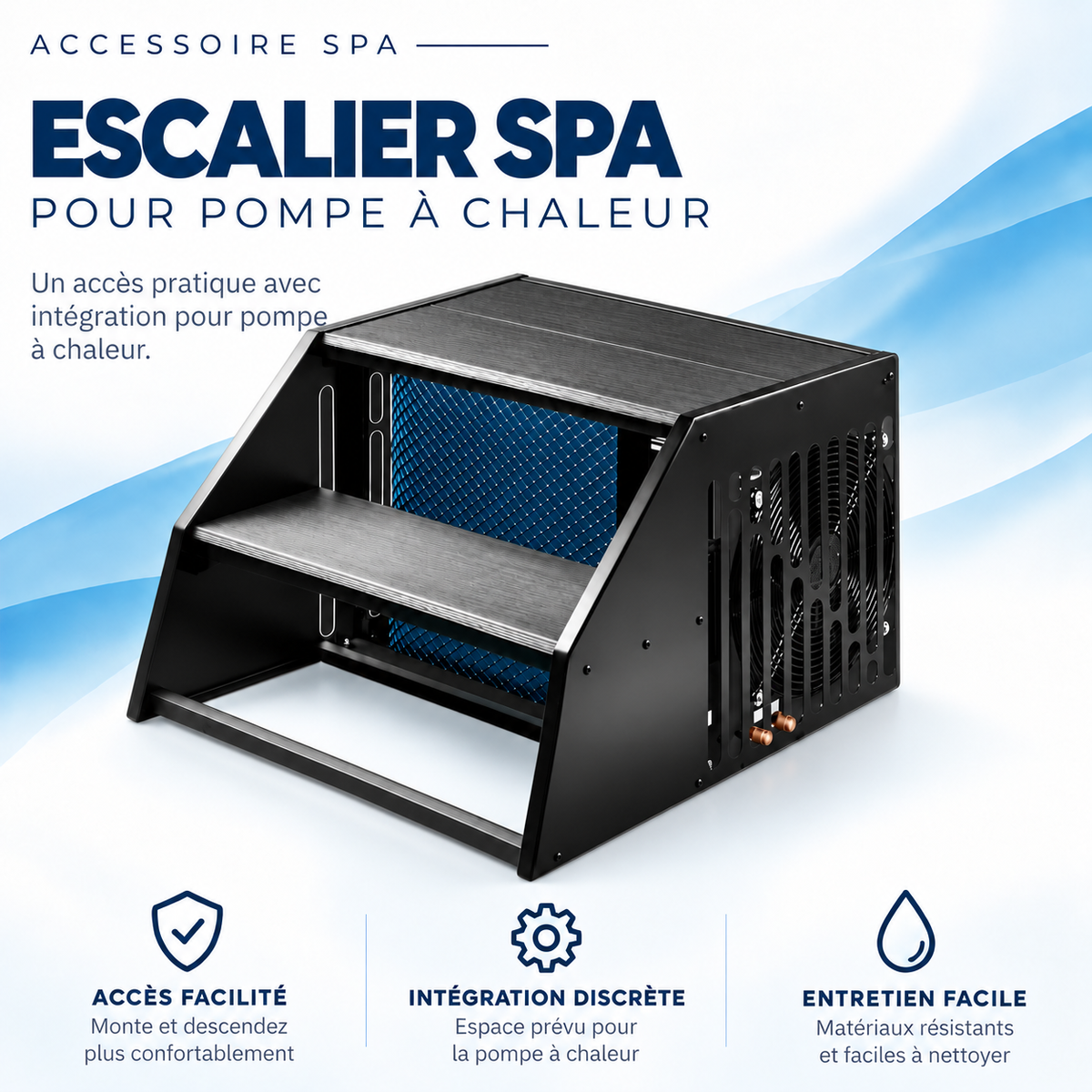 Escalier de spa noir avec logement ventilé pour pompe à chaleur sous les marches