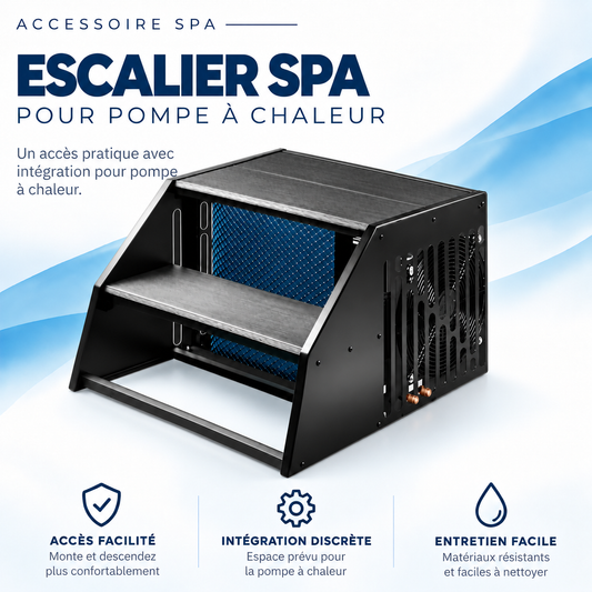 Escalier de spa noir avec logement ventilé pour pompe à chaleur sous les marches